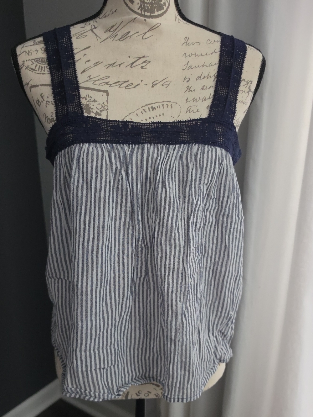 aerie Navy Crochet Trim Blue & White Striped Tank Top